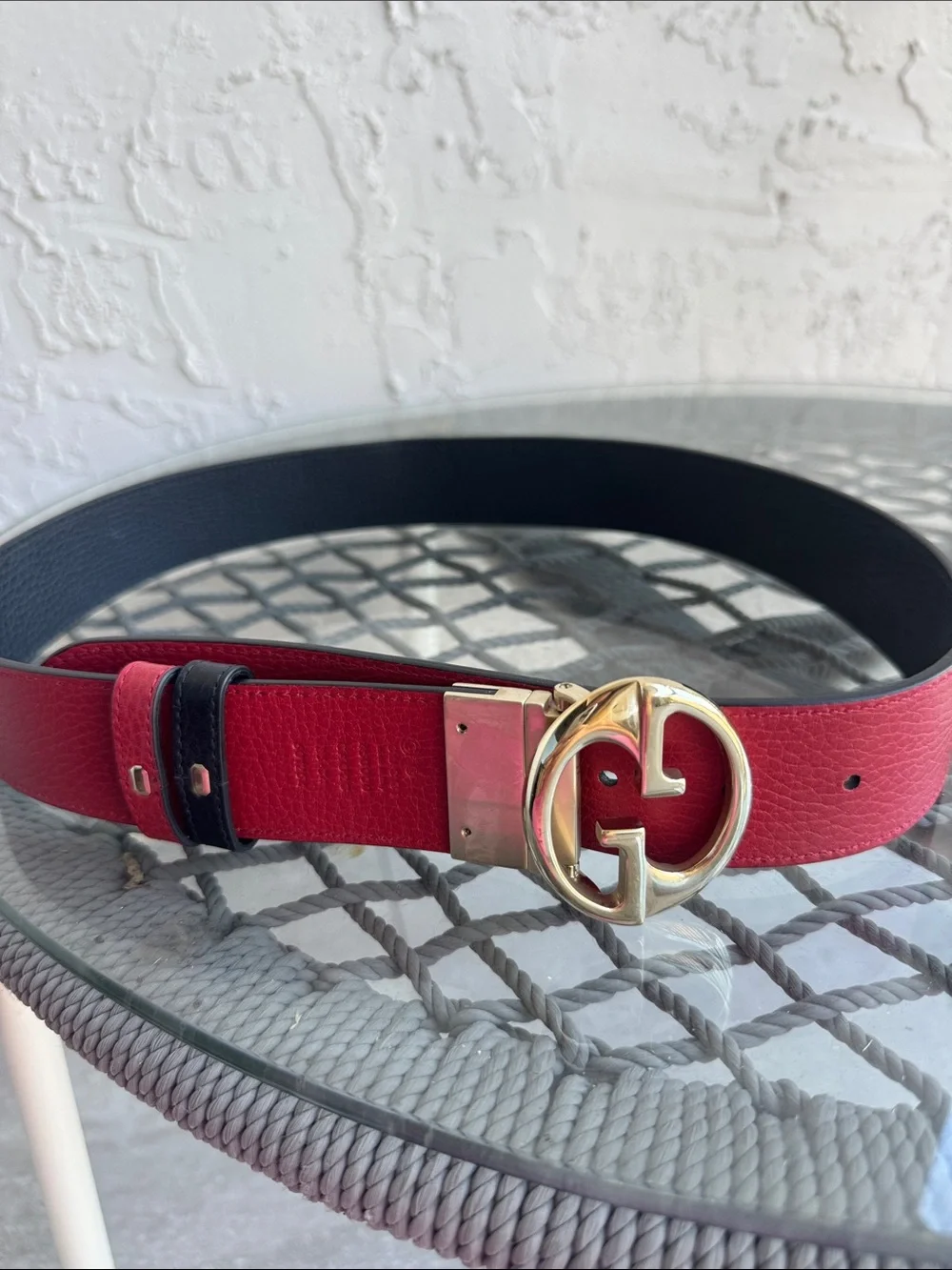 Gucci Black and Red Reversible Leather Belt with Gold GG Buckle